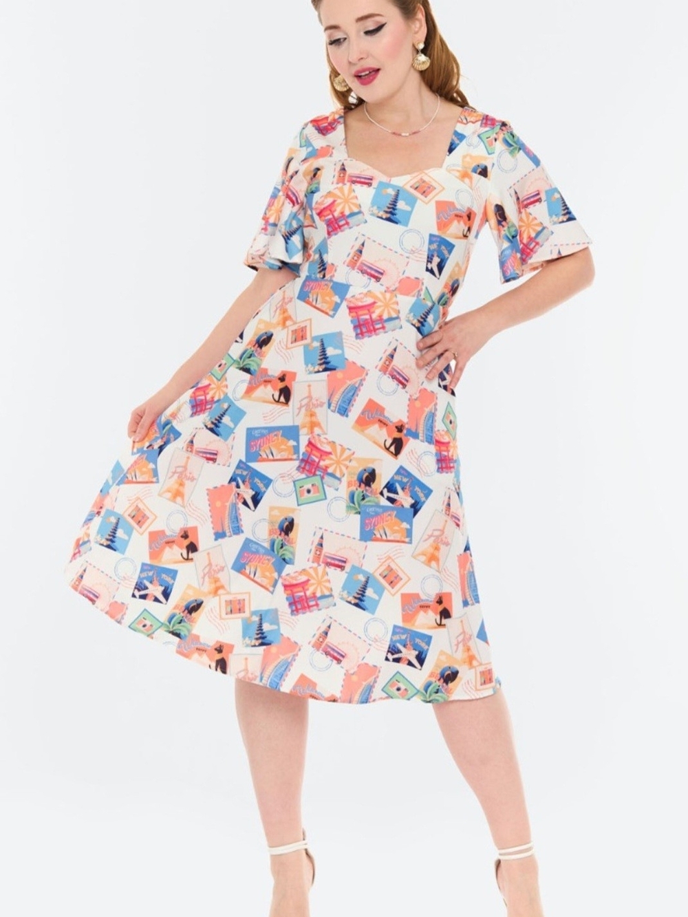 Voodoo Vixen Multi-Color Postcard Print Midi Dress